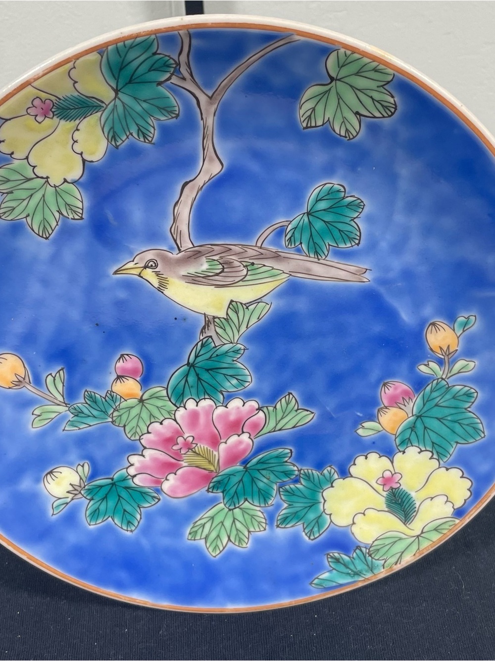 Decorative Blue Floral Bird Ceramic Plate - Yellow & Pink Accents